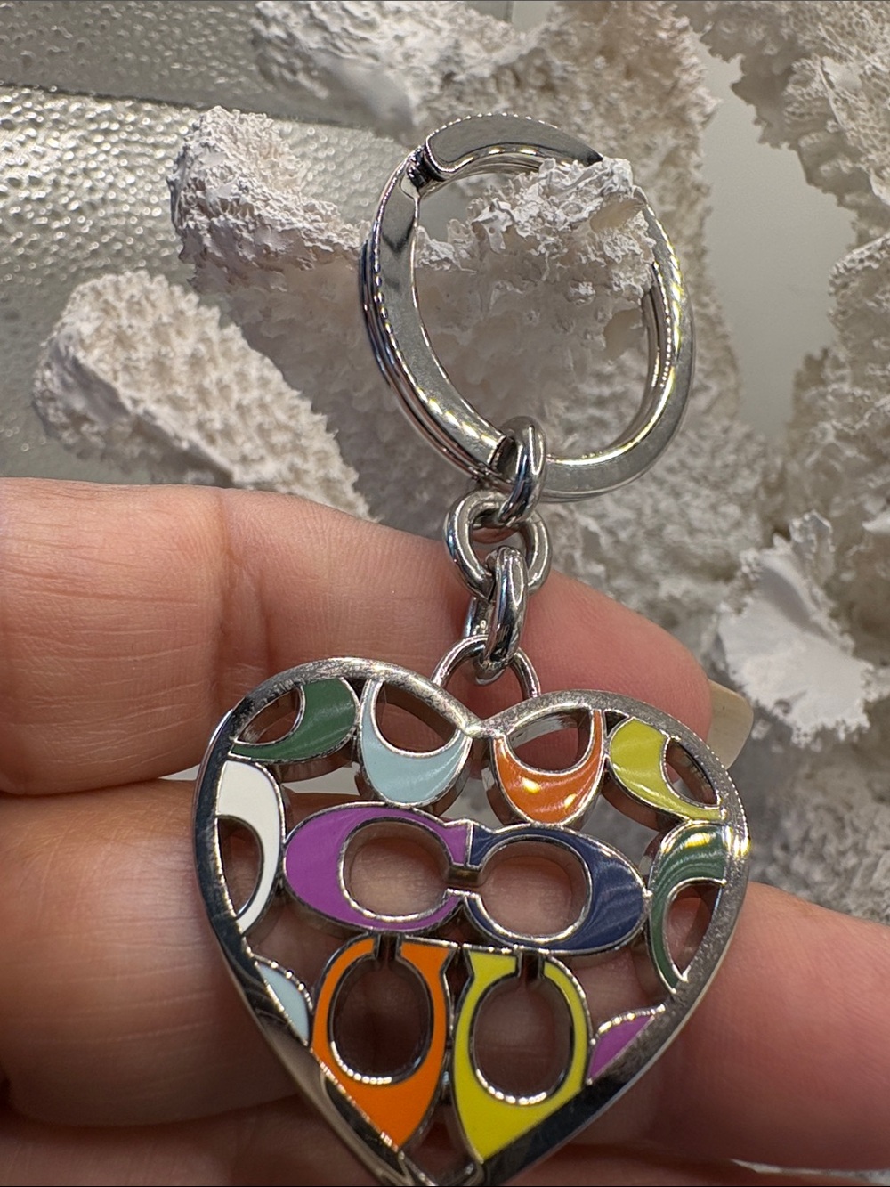 Coach Silver Heart Legacy Keychain with Multicolor Enamel Accents